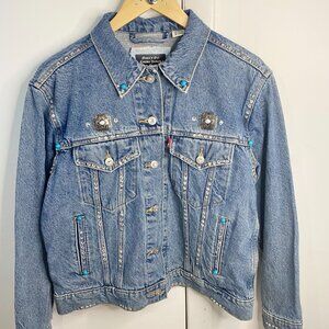 L - Custom Denim Jacket- Rhinestone Western Cowgirl Fringe